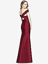 Rear View Thumbnail - Burgundy Off-the-Shoulder Criss Cross Back Satin Dress