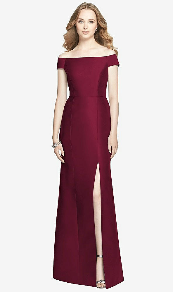 Front View - Cabernet Off-the-Shoulder Criss Cross Back Satin Dress