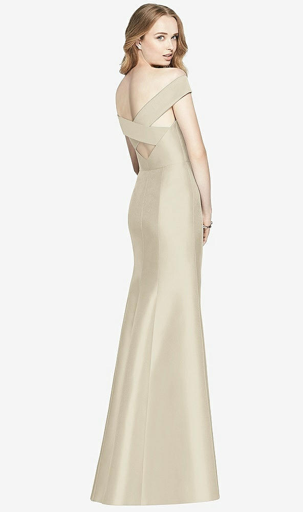 Back View - Champagne Off-the-Shoulder Criss Cross Back Satin Dress