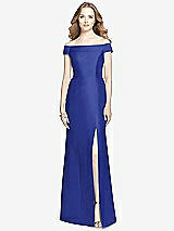 Front View Thumbnail - Cobalt Blue Off-the-Shoulder Criss Cross Back Satin Dress