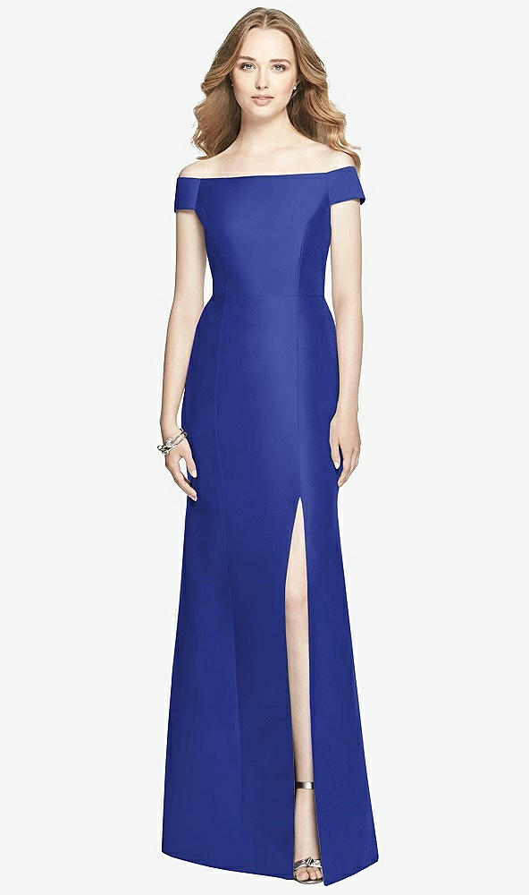 Front View - Cobalt Blue Off-the-Shoulder Criss Cross Back Satin Dress