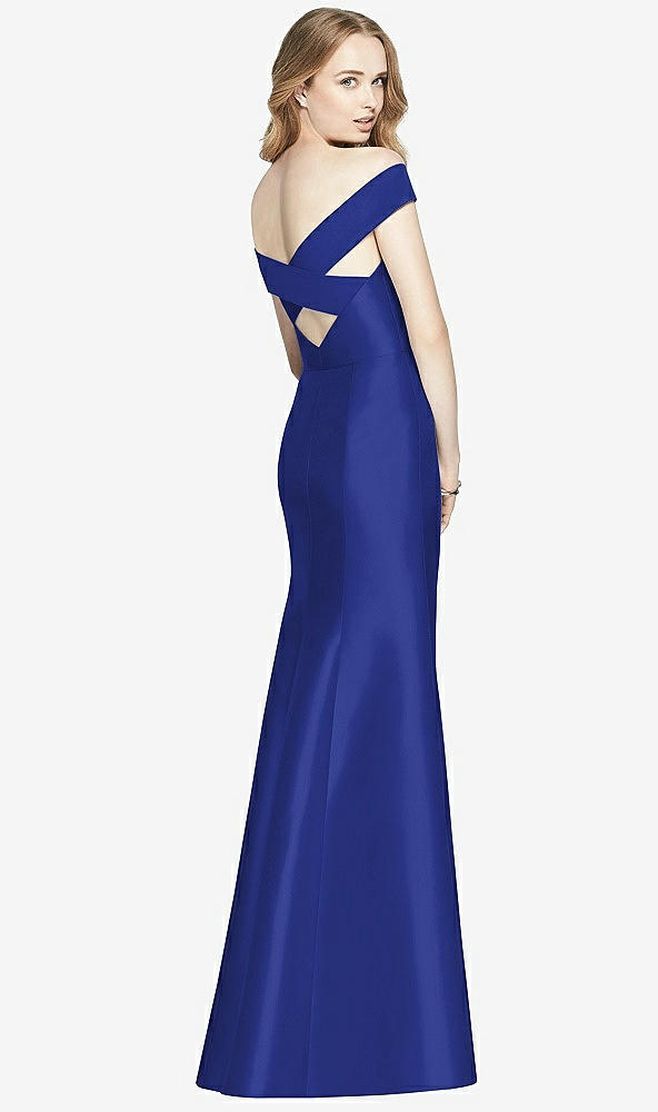 Back View - Cobalt Blue Off-the-Shoulder Criss Cross Back Satin Dress