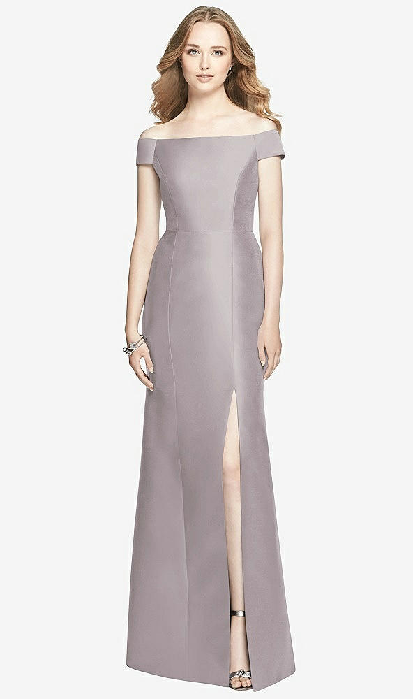 Front View - Cashmere Gray Off-the-Shoulder Criss Cross Back Satin Dress