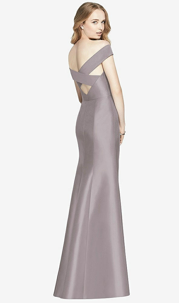 Back View - Cashmere Gray Off-the-Shoulder Criss Cross Back Satin Dress