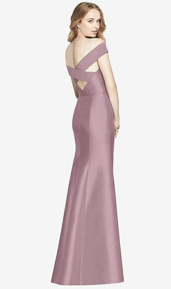 Back View - Dusty Rose Off-the-Shoulder Criss Cross Back Satin Dress