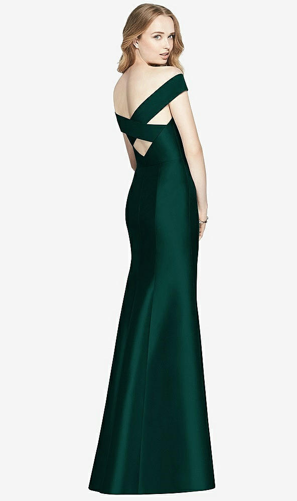 Back View - Evergreen Off-the-Shoulder Criss Cross Back Satin Dress