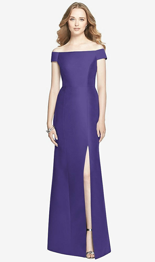 Front View - Grape Off-the-Shoulder Criss Cross Back Satin Dress