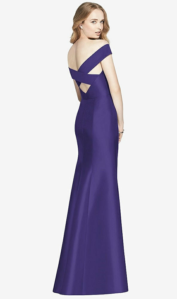 Back View - Grape Off-the-Shoulder Criss Cross Back Satin Dress