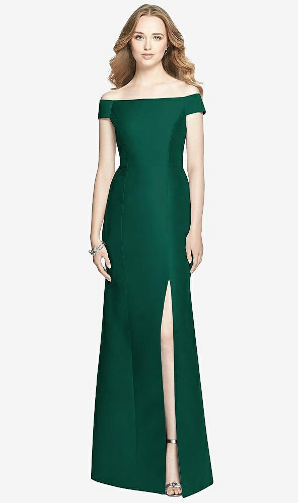 Front View - Hunter Green Off-the-Shoulder Criss Cross Back Satin Dress