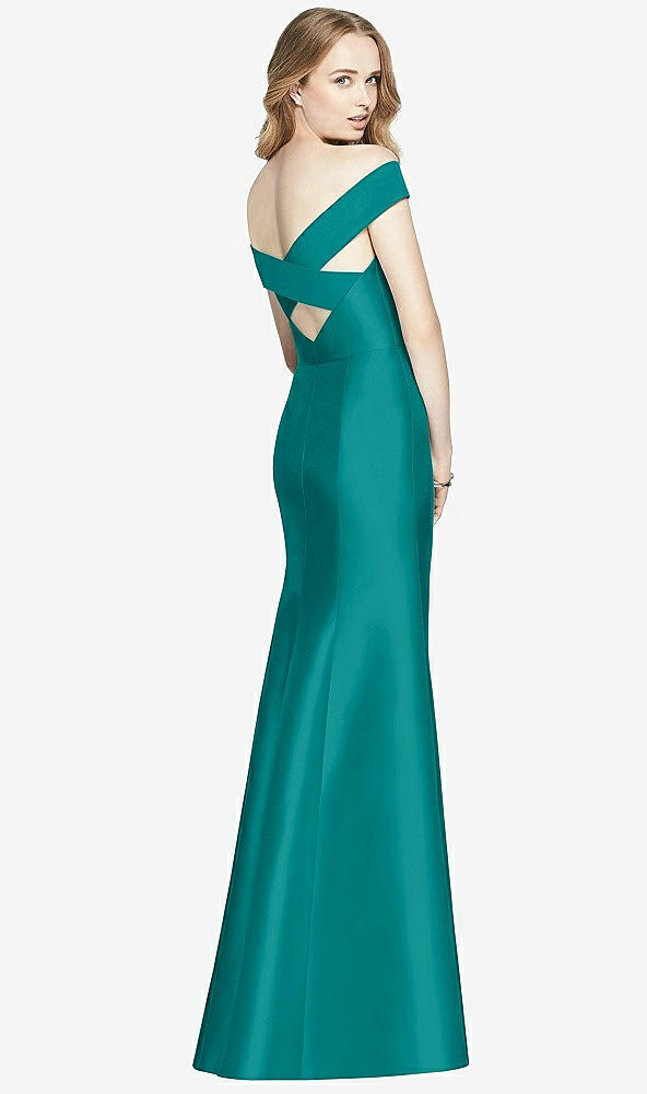 Back View - Jade Off-the-Shoulder Criss Cross Back Satin Dress