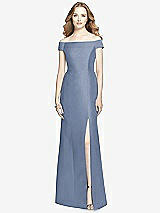 Front View Thumbnail - Larkspur Blue Off-the-Shoulder Criss Cross Back Satin Dress