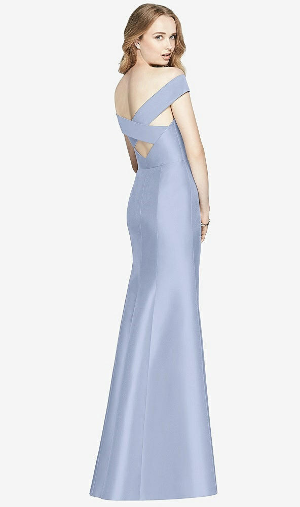 Back View - Sky Blue Off-the-Shoulder Criss Cross Back Satin Dress