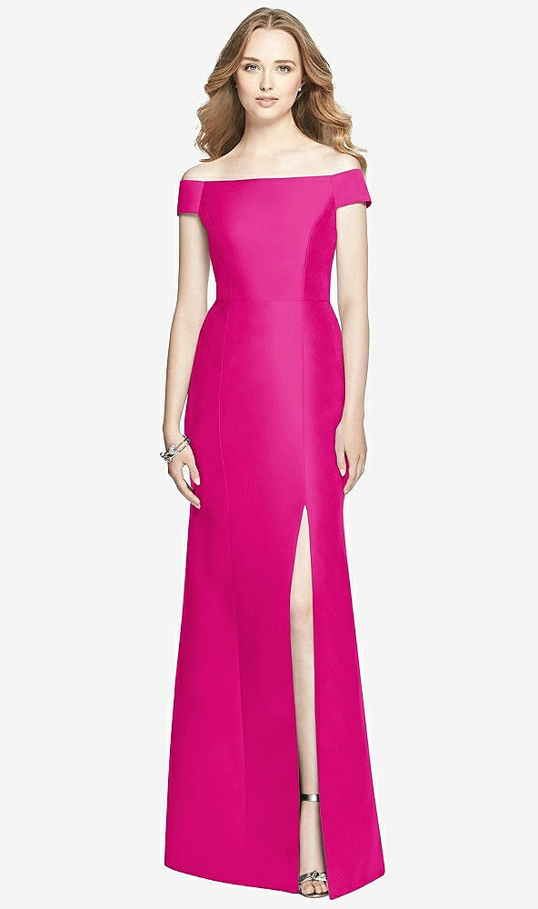 Front View - Think Pink Off-the-Shoulder Criss Cross Back Satin Dress