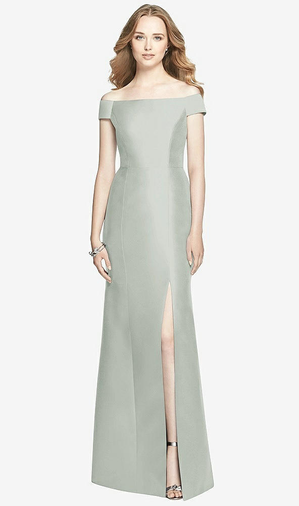 Front View - Willow Green Off-the-Shoulder Criss Cross Back Satin Dress