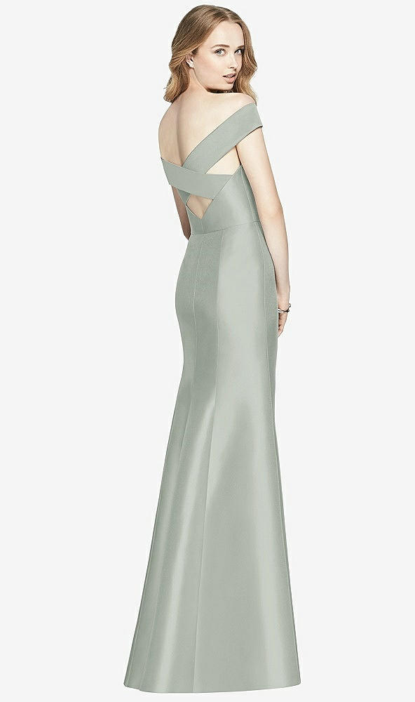 Back View - Willow Green Off-the-Shoulder Criss Cross Back Satin Dress