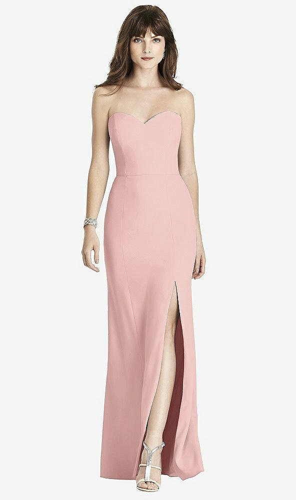 Front View - Rose - PANTONE Rose Quartz Strapless Crepe Trumpet Gown with Front Slit