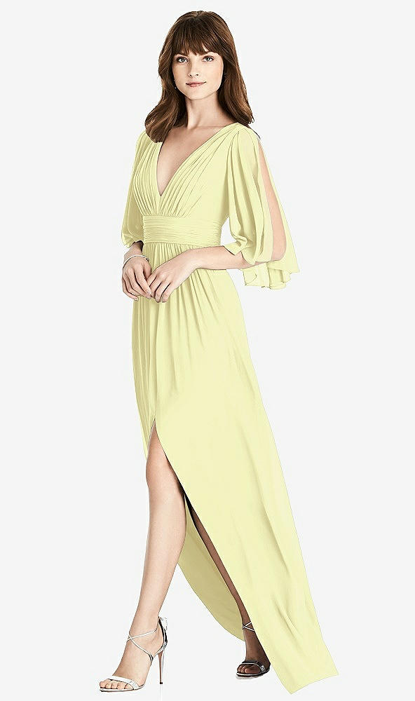 Front View - Butter Yellow Split Sleeve Backless Chiffon Maxi Dress