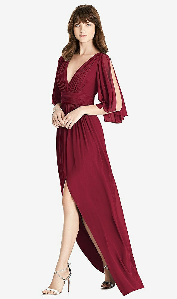 Front View - Burgundy Split Sleeve Backless Chiffon Maxi Dress