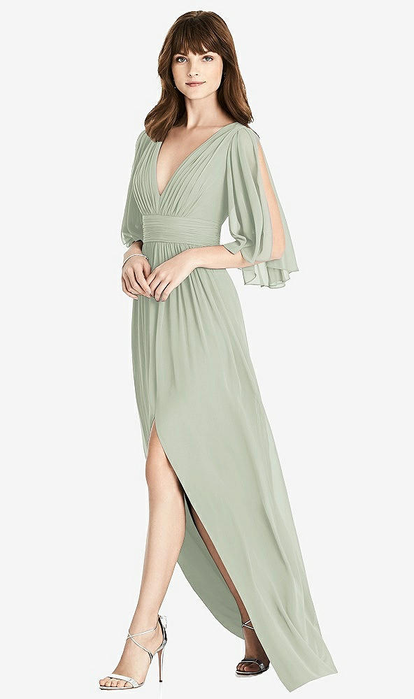 Front View - Celadon Split Sleeve Backless Chiffon Maxi Dress