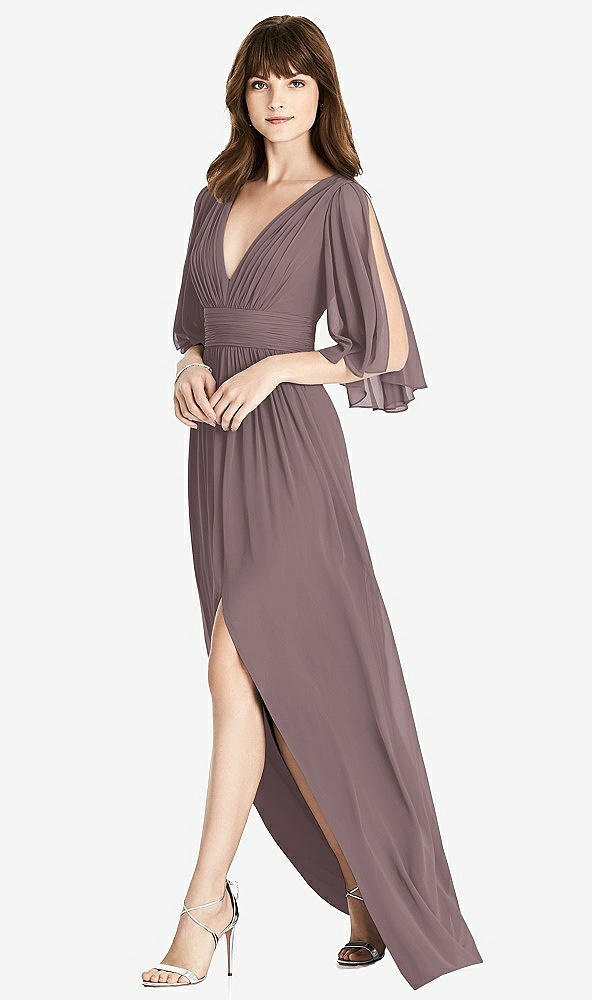 Front View - French Truffle Split Sleeve Backless Chiffon Maxi Dress