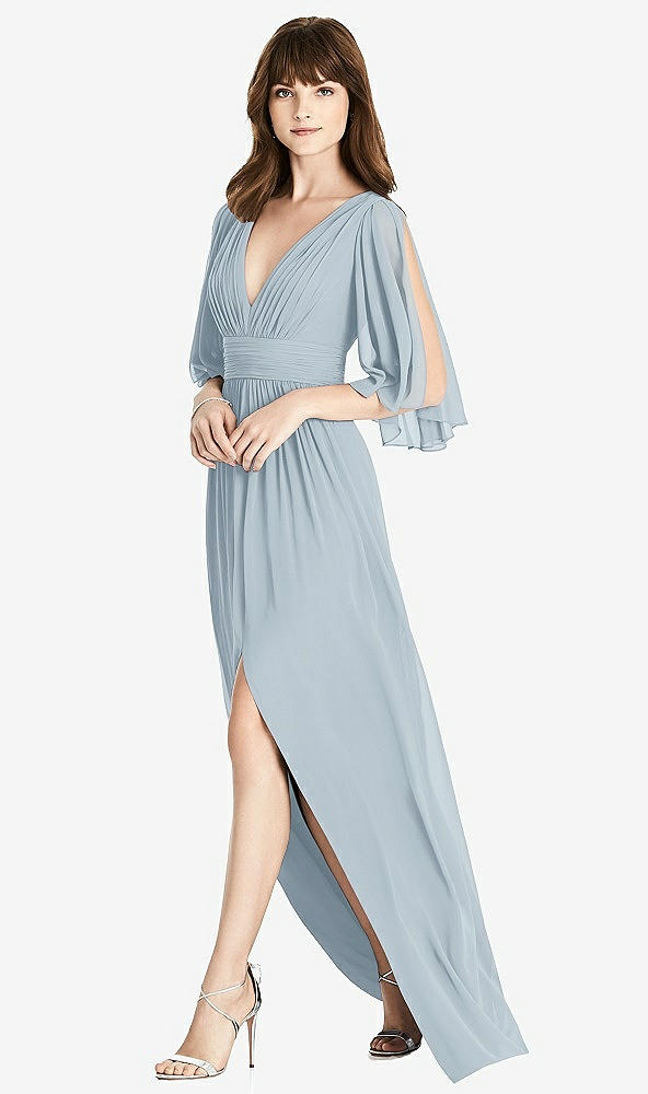 Front View - Mist Split Sleeve Backless Chiffon Maxi Dress