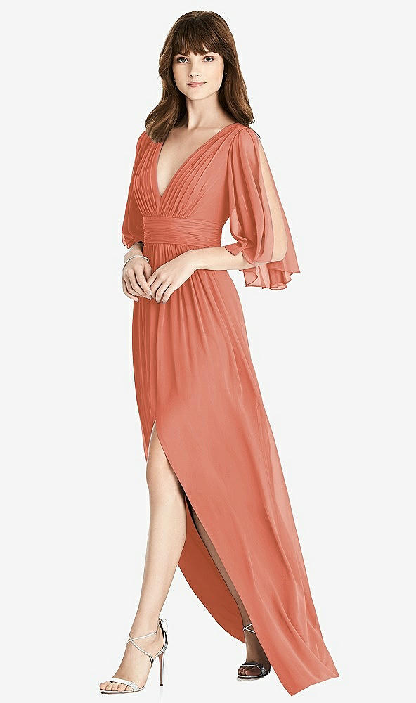 Front View - Terracotta Copper Split Sleeve Backless Chiffon Maxi Dress