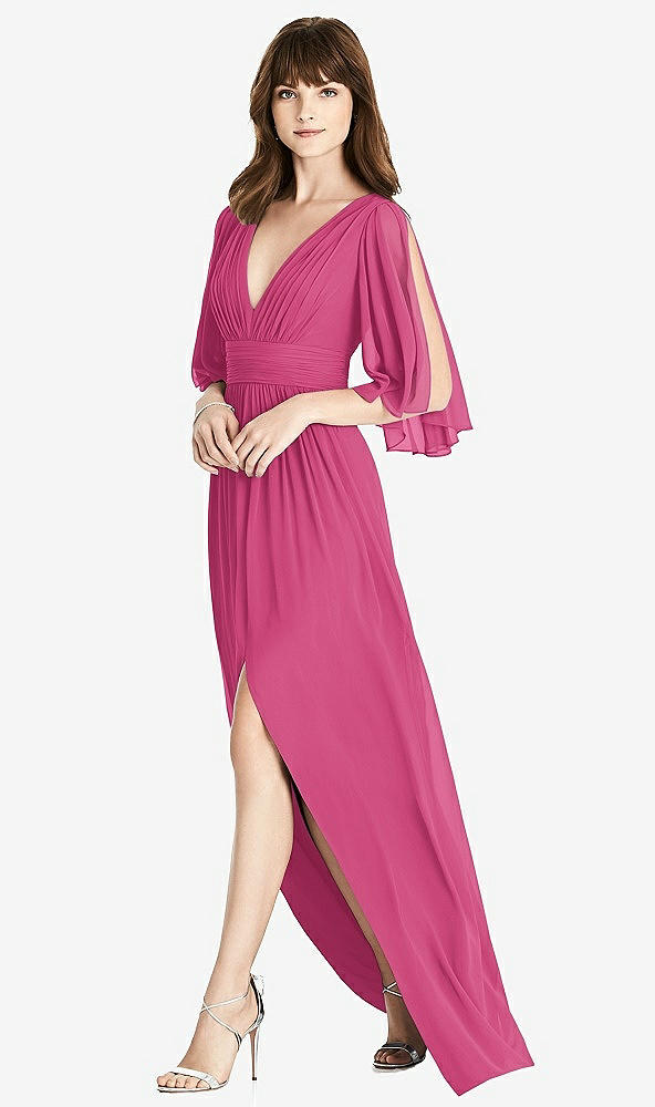 Front View - Tea Rose Split Sleeve Backless Chiffon Maxi Dress