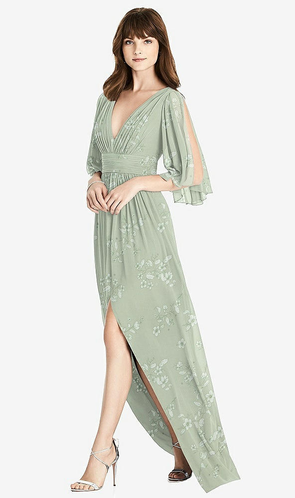 Front View - Vintage Primrose Sage Split Sleeve Backless Chiffon Maxi Dress