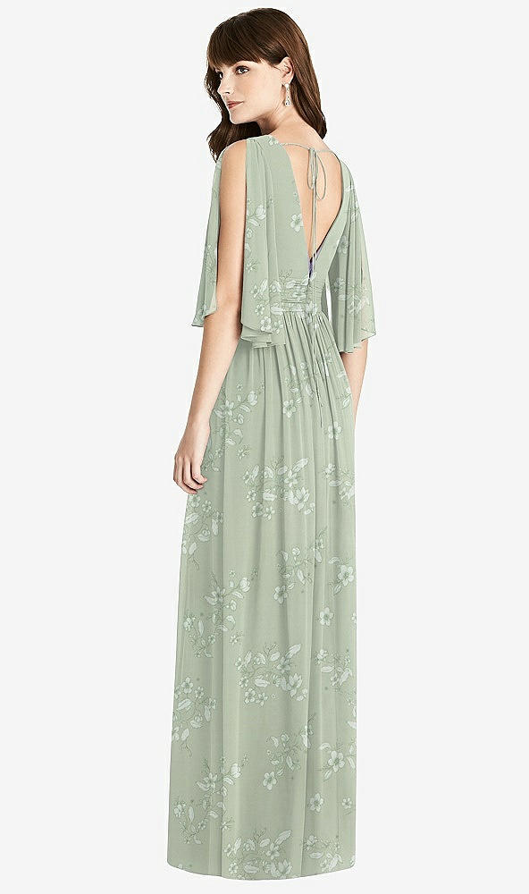 Back View - Vintage Primrose Sage Split Sleeve Backless Chiffon Maxi Dress