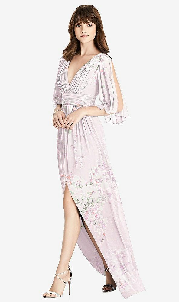 Front View - Watercolor Print Split Sleeve Backless Chiffon Maxi Dress