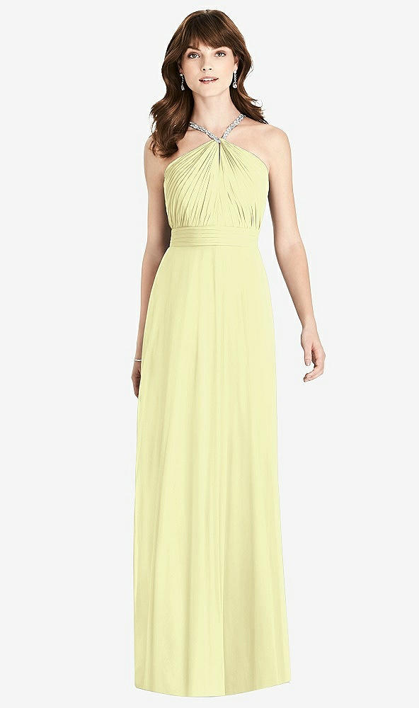 Front View - Butter Yellow Jeweled Twist Halter Maxi Dress