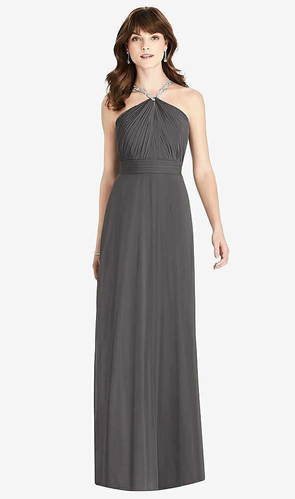 Front View - Caviar Gray Jeweled Twist Halter Maxi Dress