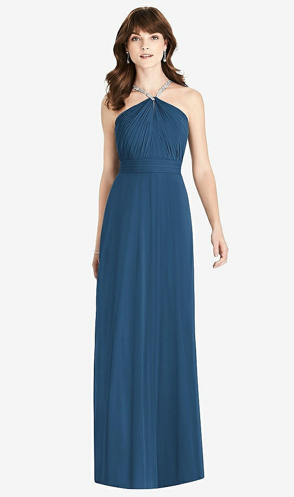 Front View - Dusk Blue Jeweled Twist Halter Maxi Dress