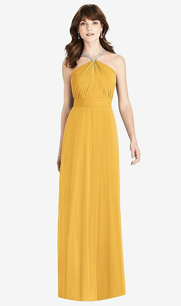 Front View - NYC Yellow Jeweled Twist Halter Maxi Dress