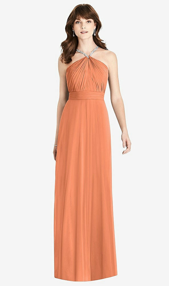 Front View - Sweet Melon Jeweled Twist Halter Maxi Dress