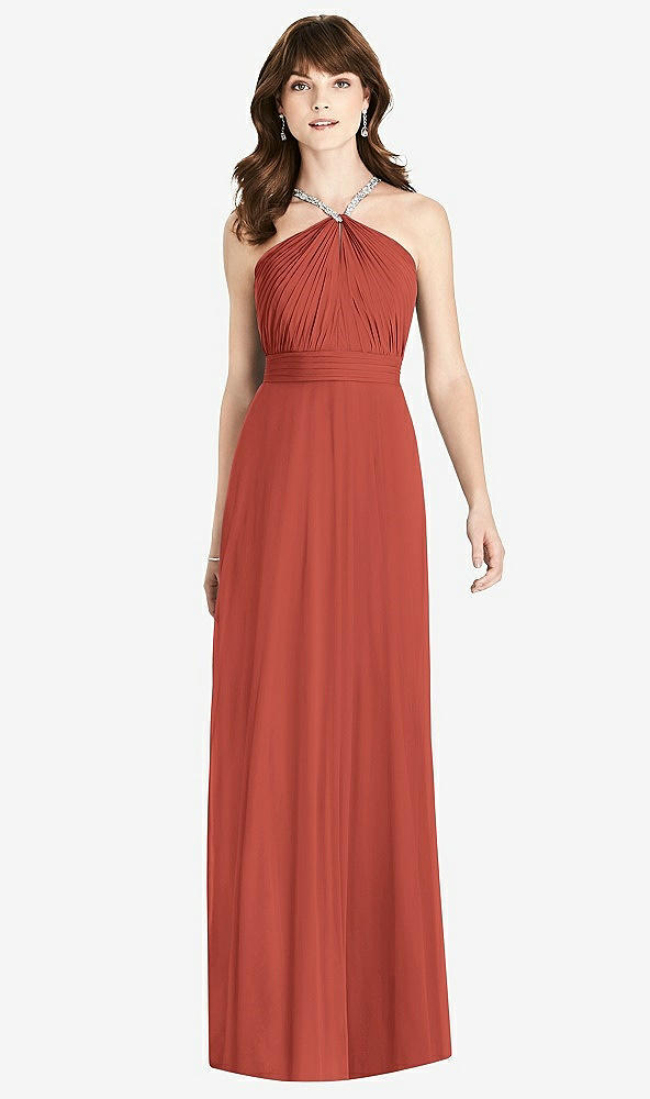 Front View - Amber Sunset Jeweled Twist Halter Maxi Dress