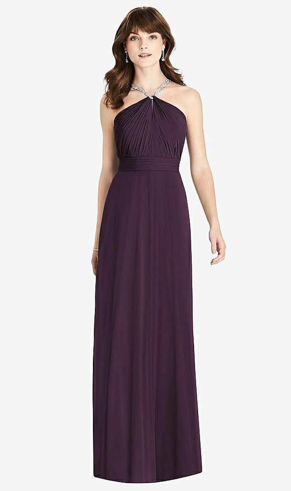 Front View - Aubergine Jeweled Twist Halter Maxi Dress