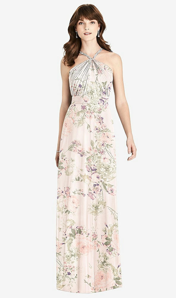 Front View - Blush Garden Jeweled Twist Halter Maxi Dress