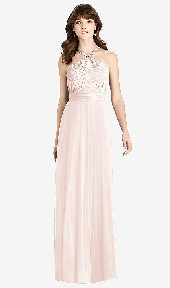 Front View - Blush Jeweled Twist Halter Maxi Dress