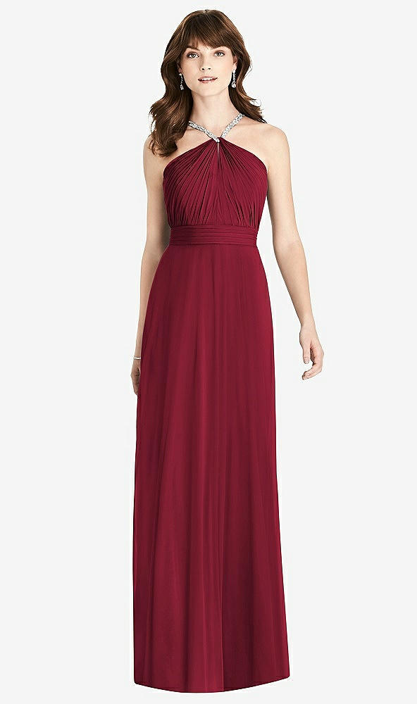 Front View - Burgundy Jeweled Twist Halter Maxi Dress