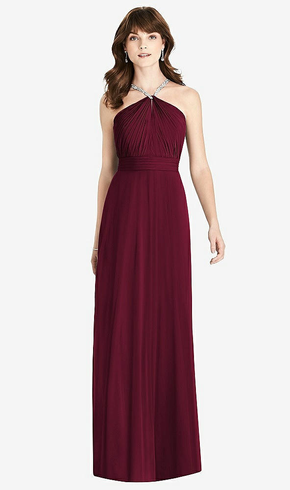 Front View - Cabernet Jeweled Twist Halter Maxi Dress