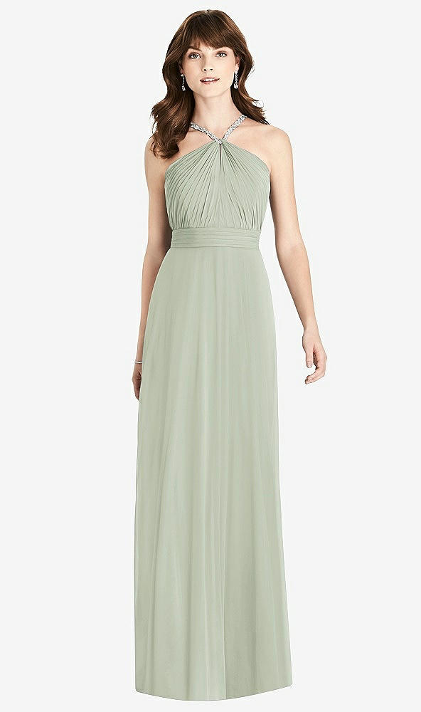 Front View - Celadon Jeweled Twist Halter Maxi Dress