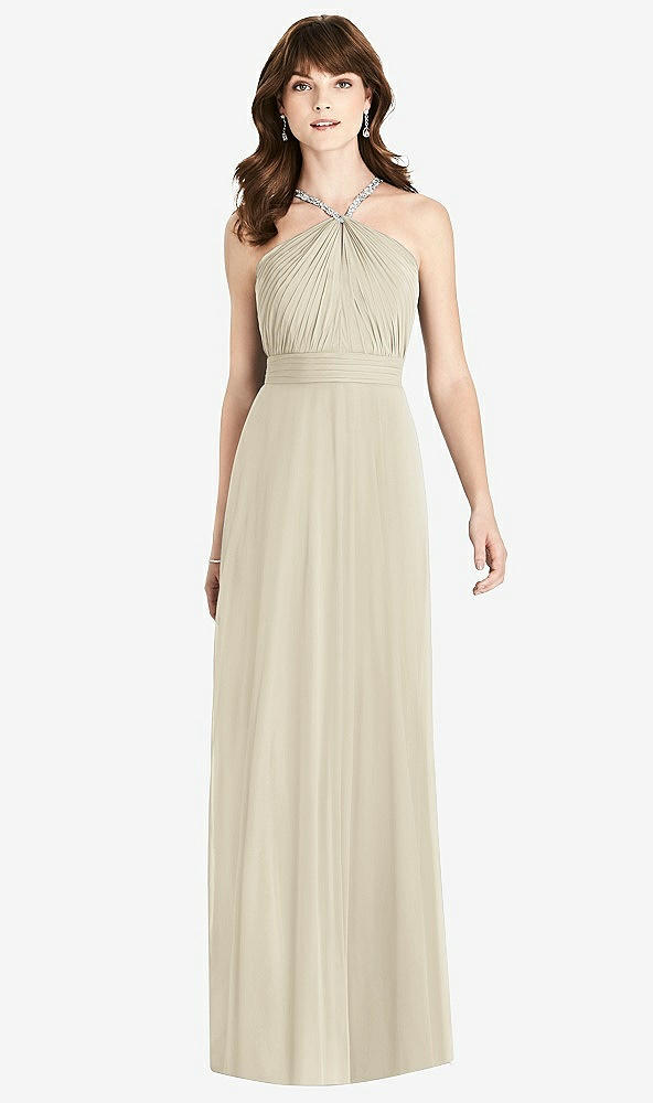 Front View - Champagne Jeweled Twist Halter Maxi Dress