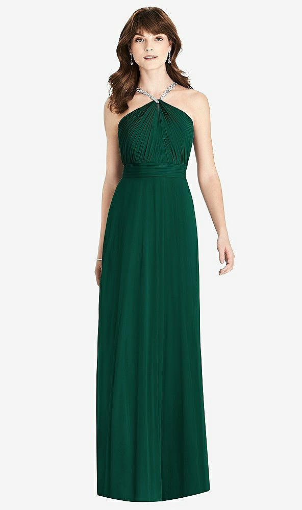 Front View - Hunter Green Jeweled Twist Halter Maxi Dress