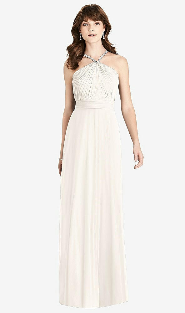 Front View - Ivory Jeweled Twist Halter Maxi Dress