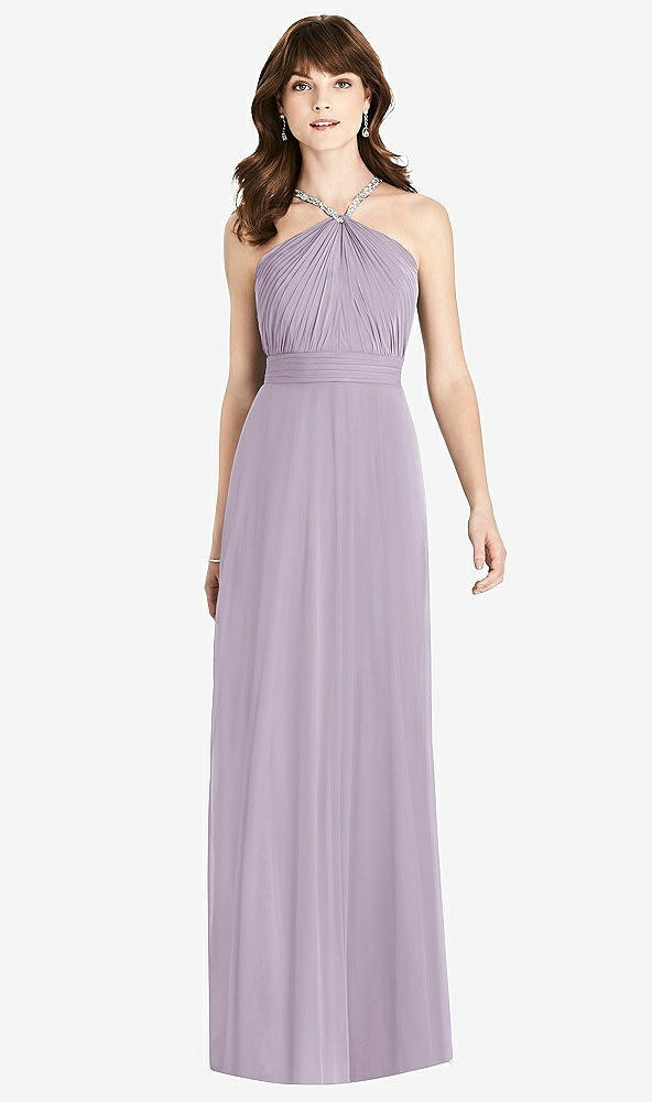 Front View - Lilac Haze Jeweled Twist Halter Maxi Dress