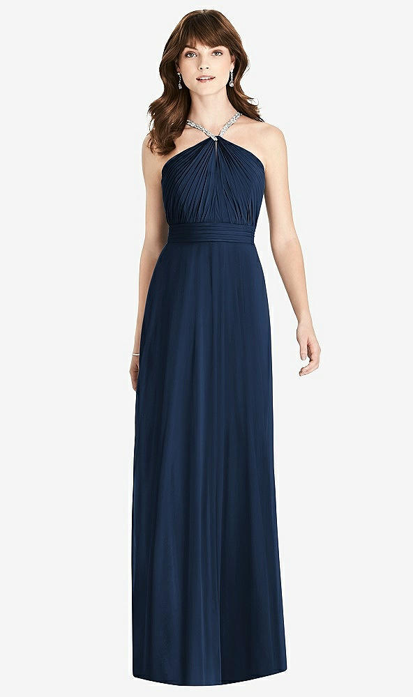 Front View - Midnight Navy Jeweled Twist Halter Maxi Dress