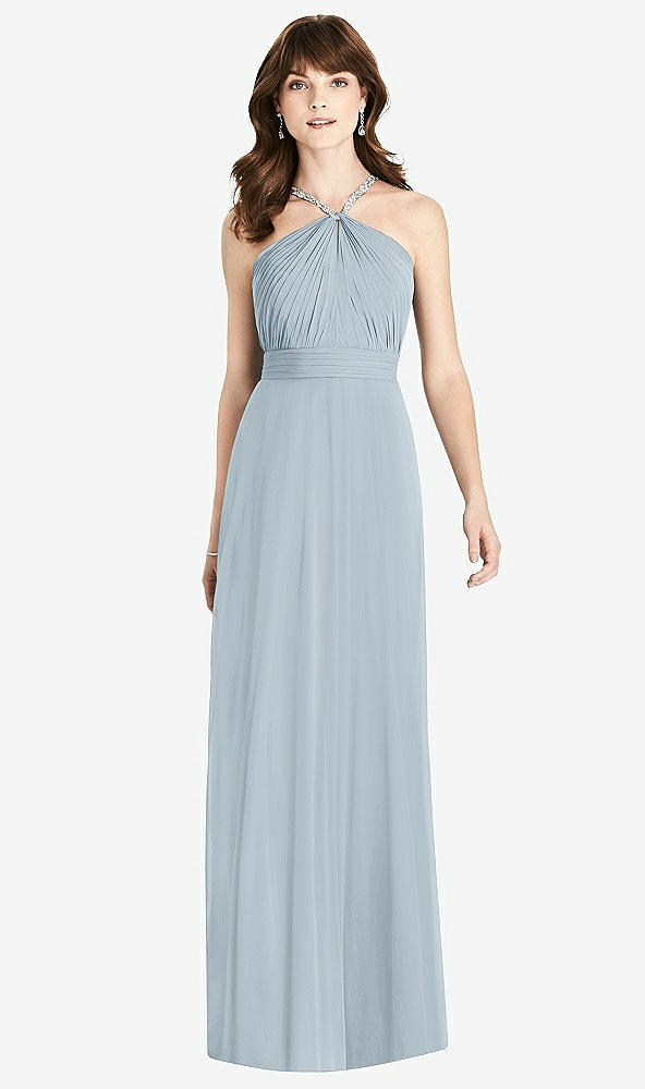 Front View - Mist Jeweled Twist Halter Maxi Dress