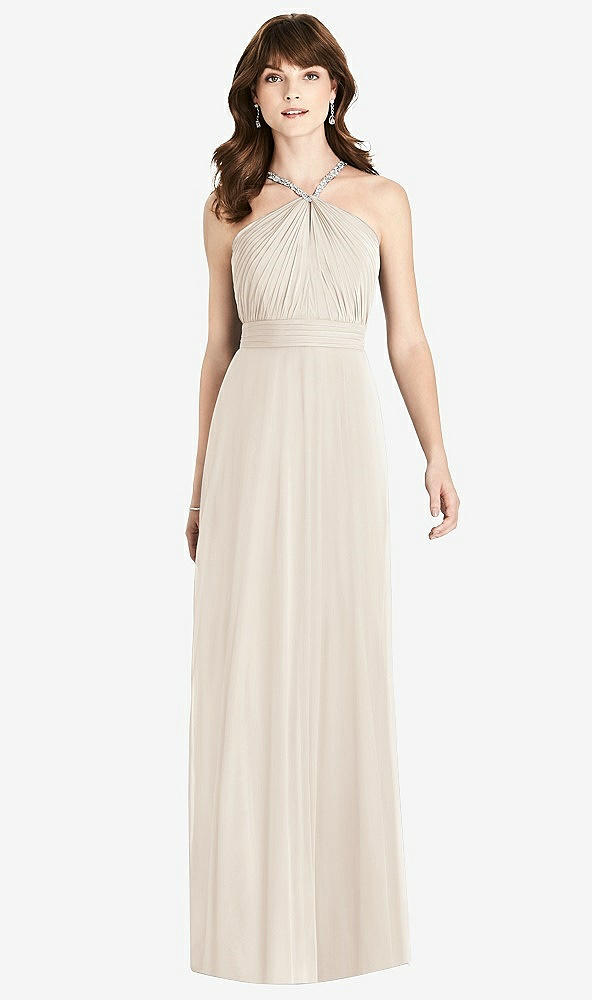 Front View - Oat Jeweled Twist Halter Maxi Dress