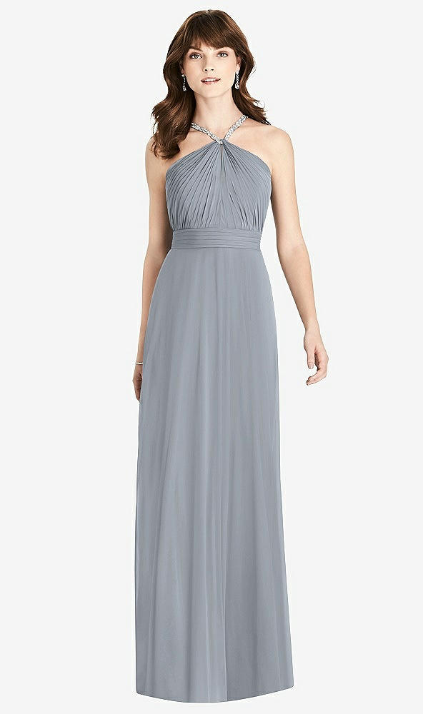 Front View - Platinum Jeweled Twist Halter Maxi Dress